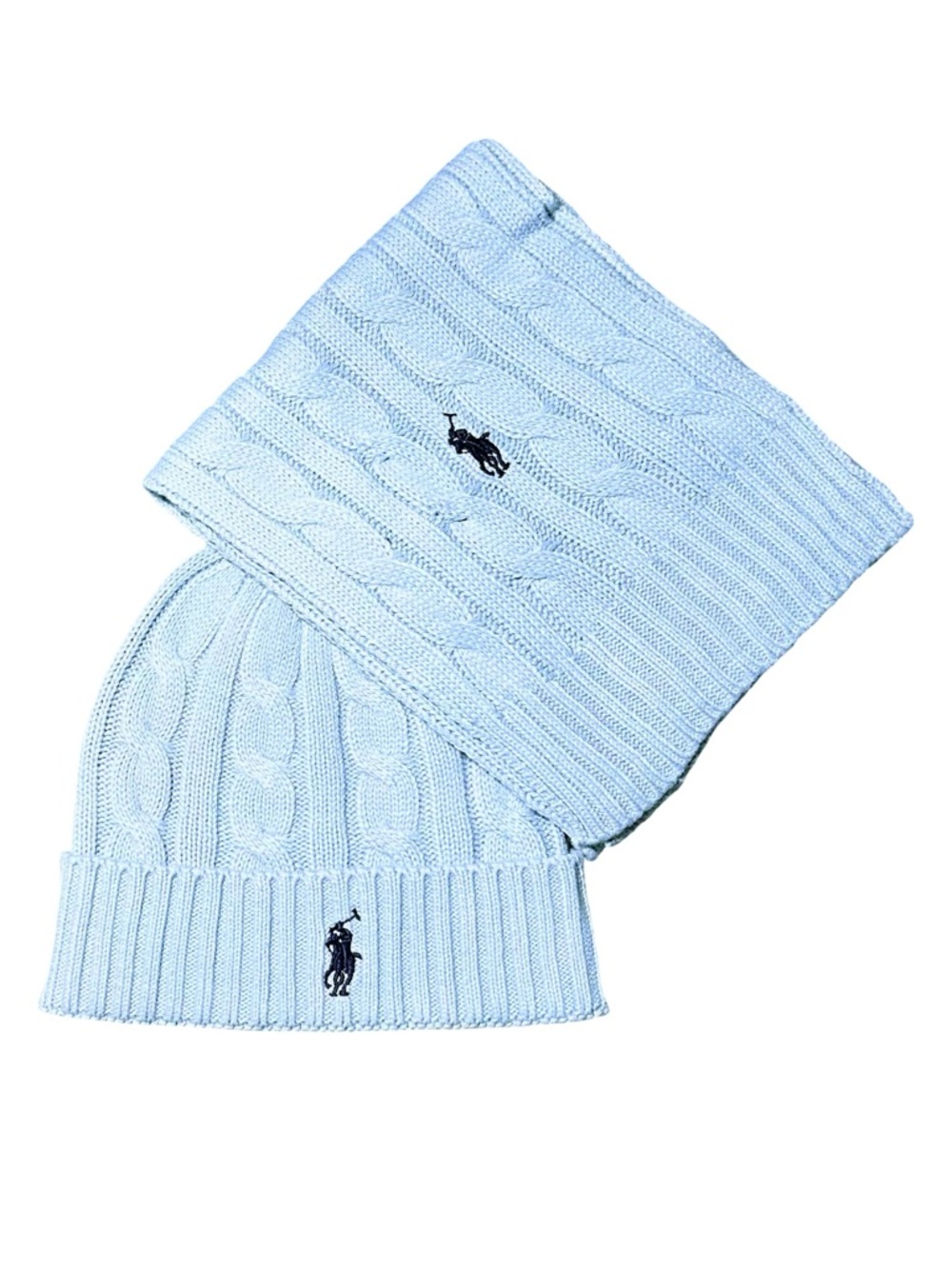 Ralph Lauren Baby Blue Cable Knit Beanie & Scarf Set